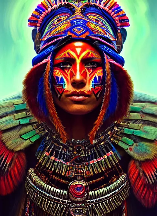 Image similar to portrait of jensen ackle, hyper detailed ultra sharp aztec shaman warrior. trending on artstation, warpaint aesthetic, bloodwave, colorful, psychedelic, ornate, intricate, digital painting, concept art, smooth, sharp focus, illustration, art by artgerm and greg rutkowski and h. r. giger, 8 k