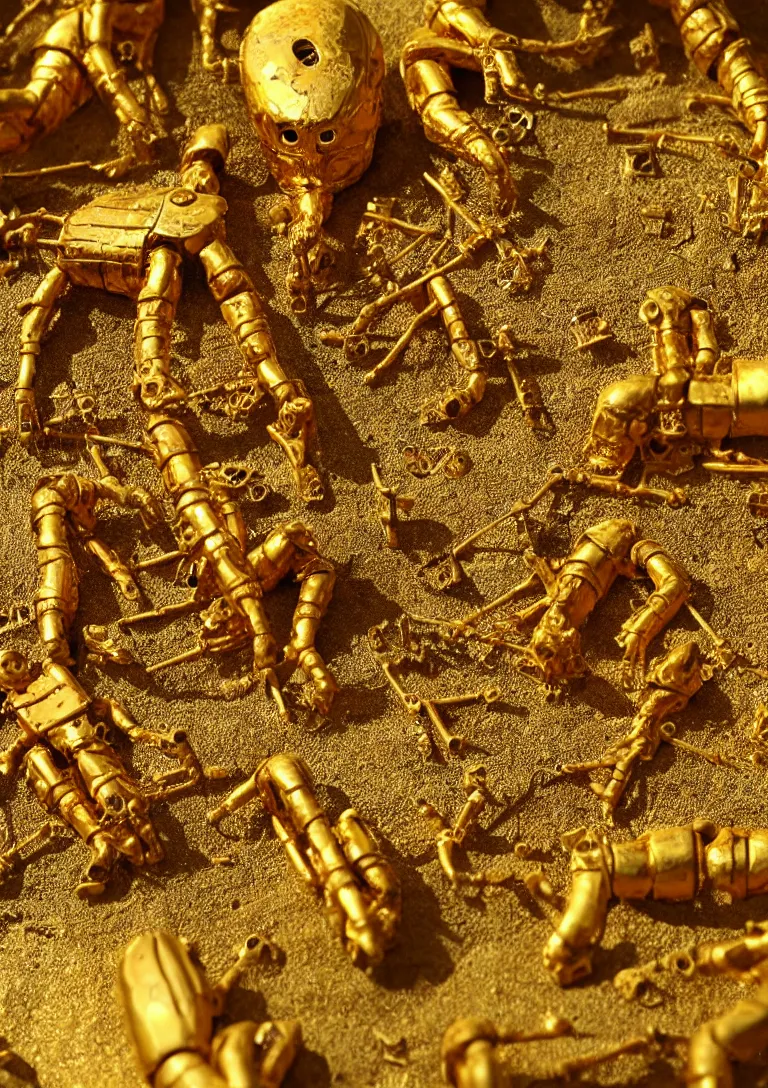 Image similar to Archaeologists discover ancient golden robot. Photorealistic. Intricate details.