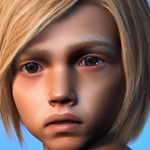 Image similar to detailed face of boy with blonde hair and brown eyes, unreal engine 5 rendered, incredibly highly detailed and realistic, 8 k, sharp focus, studio quality