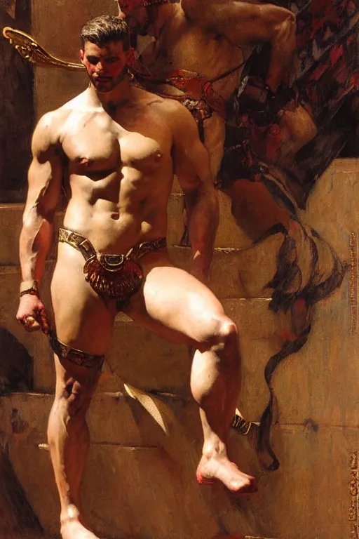Image similar to muscular male gladiator, roman baths painting by gaston bussiere, craig mullins, j. c. leyendecker