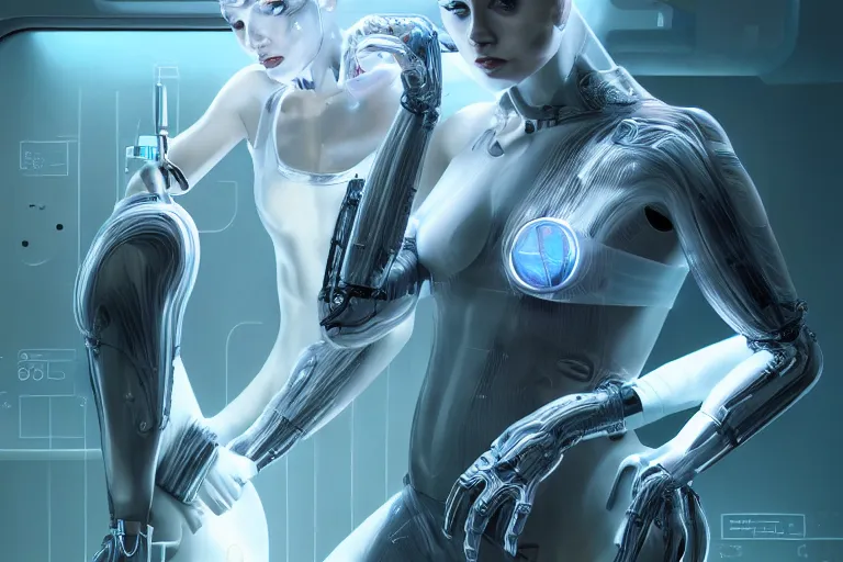 Image similar to androgynous cyborgs creating humans in a sophisticated bio lab, specimens submerged in incubators, sci - fi, neon lighting, sophisticated, futuristic, highly detailed, intricate, sharp focus, digital illustration, smooth, by artgerm, wlop, syd meade, greg rutkowski, trending on artstation