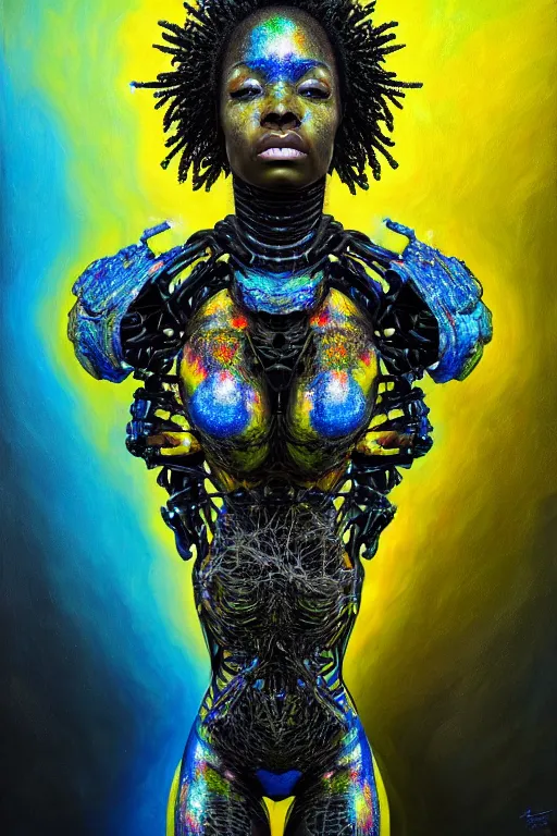 Image similar to hyperrealistic deconstructed super expressive! black woman with exoskeleton armor, merging with tree in a forest, highly detailed digital painting masterpiece smooth robert steven connett hannah yata dramatic pearlescent blue yellow light ground angle hd 8k sharp focus