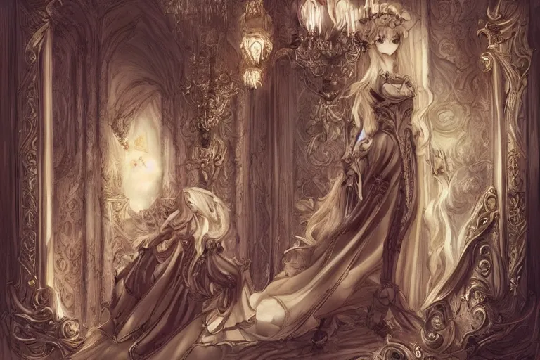 Image similar to baroque style, elegant, long hair concept art, fancy clothing, fancy room interior, highly detailed, artstation, behance, deviantart, inspired by innocent manga, inspired by castlevania concept art, trending, ayami kojima, shinichi sakamoto