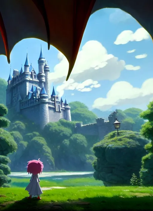 Prompt: a wholesome animation key shot of a white dragon, castle in the background, studio ghibli, pixar and disney animation, sharp, rendered in unreal engine 5, anime key art by greg rutkowski, bloom, dramatic lighting