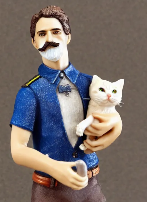 Image similar to 80mm resin detailed miniature of beautiful europenian man with moustache wearing white t-shirt and holding in his hands tabby cat, Product Introduction Photos, 4K, Full body