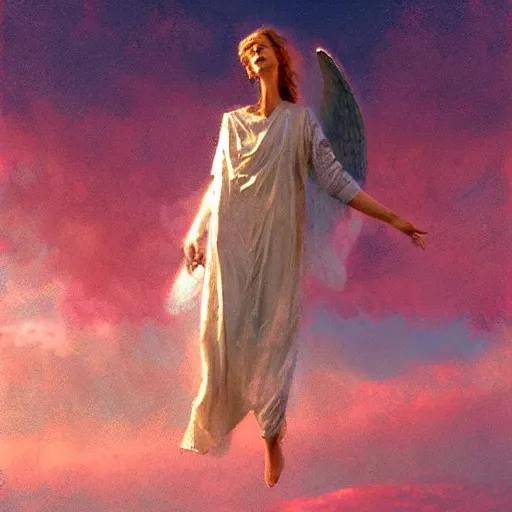 Prompt: a biblically accurate angel in a beautfiful sky, pink clouds illuminated by the sun, eerie, by craig mullins