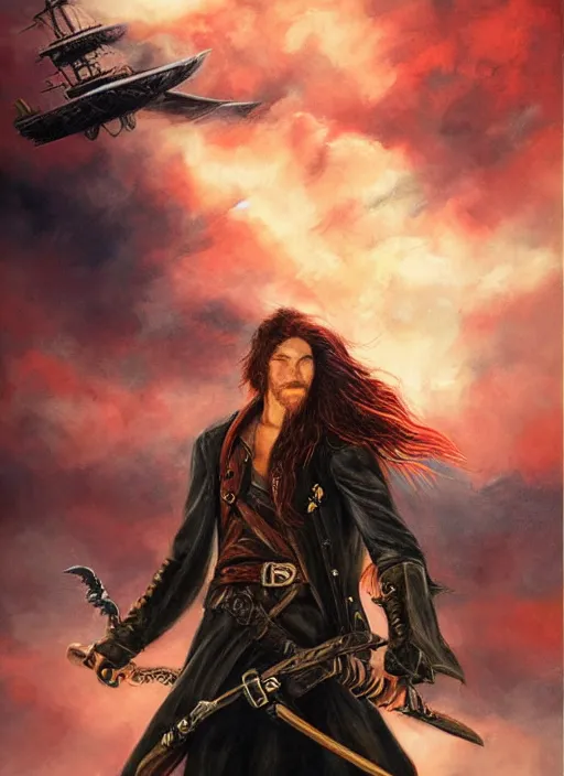 Prompt: epic fantasy portrait painting of a long haired, red headed male sky - pirate in front of an airship in the style of the matrix