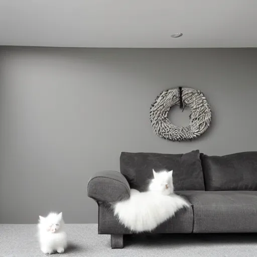 Image similar to modern minimalist interior design with a fluffy kitten