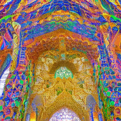 Image similar to cosmic cathedral created by the gods, intricate muqarnas, beautiful colors, bold architecture, detailed, 4 k