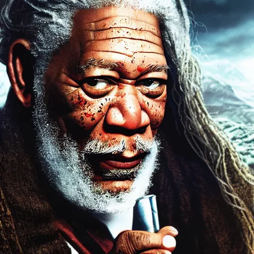 Image similar to morgan freeman starring as gimli in lord of the rings, full body, high detail shot, smoking, render, cgsociety, photorealism