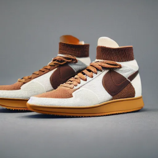 Image similar to a studio photoshoot of Nike sneakers designed by Tom Sachs, light brown suede with knitted material, gum rubber outsole, realistic, color film photography by Tlyer Mitchell, 35 mm, graflex