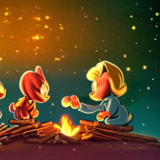 Image similar to tiny toons (1990) sitting around a campfire telling stories, photographic, 3D, UE5, ultra high textures, dark vignette, burning embers, nostalgic, muted colors, desaturated, volumetric, slightly drunk, candy rush, autochrome, tranquil, starry night, marshmallows, s'mores, 4K, 8K, HQ