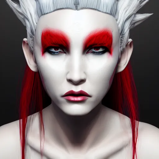 Image similar to a highly detailed portrait of a humanoid demon girl with white hair, red horns, in white clothes, artstation, deviantart, professional, unreal engine 5, photorealistic