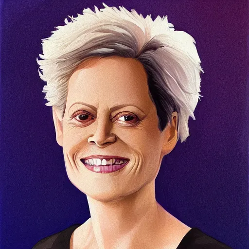 Image similar to sigourney weaver, smiling, happy, beautiful, intelligent, powerful, white hair, loving eyes, fully clothed, wise, beautiful, dramatic lighting, sharp focus, by stanley artgerm, dramatic lighting, trending on artstation, flat colour, geometric curves, gradient filter, art deco patterns