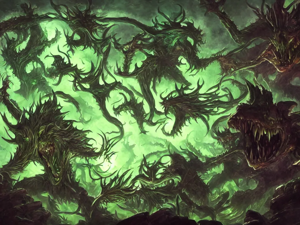 Prompt: Original artwork for a green spell in magic the gathering. The opponent's monsters are suddenly all dying. Converted mana cost is 6. Award winning, high detail, original artwork, dramatic lighting
