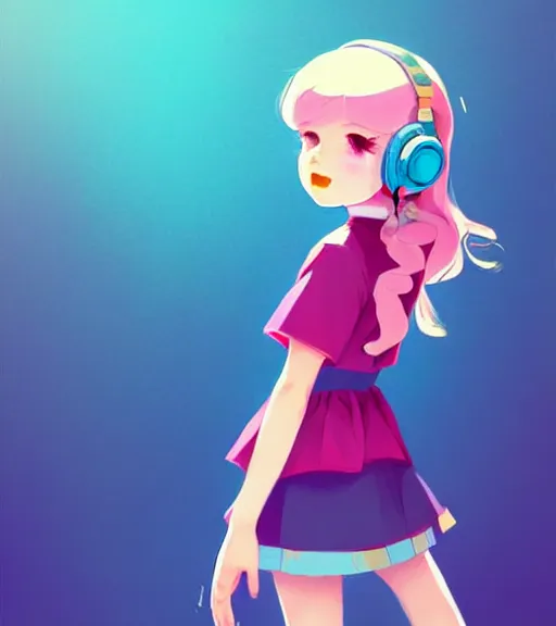 Image similar to beautiful little girl character inspired by 9 0's fashion and by madeline from celeste, art by rossdraws, wlop, ilya kuvshinov, artgem lau, sakimichan and makoto shinkai, concept art, headphones