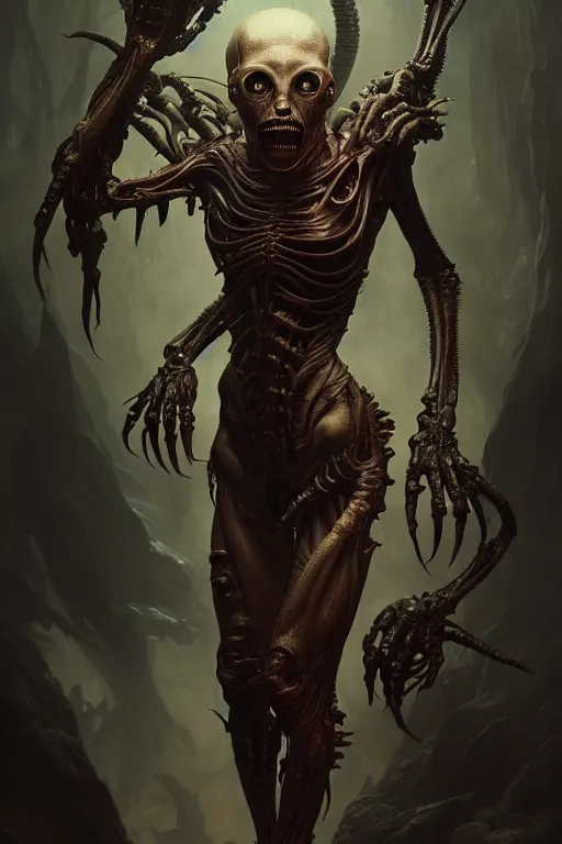 Image similar to ultra realistic, human alien predator hybrid, gothic, fantasy, flesh, bone, body horror, intricate details, eerie, highly detailed, octane render, 8 k, art by artgerm and alphonse mucha and greg rutkowski