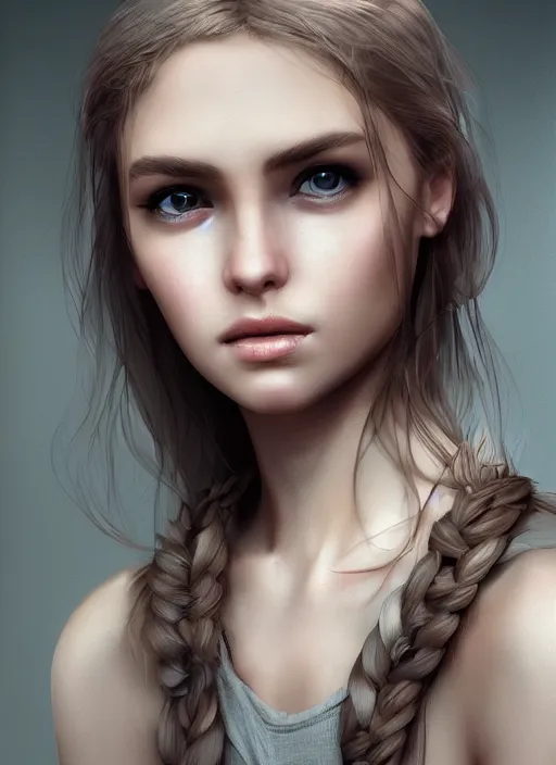 Prompt: a realistic photo portrait of beautiful 👧 with soft 👀 fashion modeling pose, full body, like a professional model, face by WLOP, body by Alex Flores, face symmetry, style of Dan Luvisi, and Charlie Bowater, artstation, rendered, cinematic color grading, muted colors, soft light, rule of thirds, cinematic