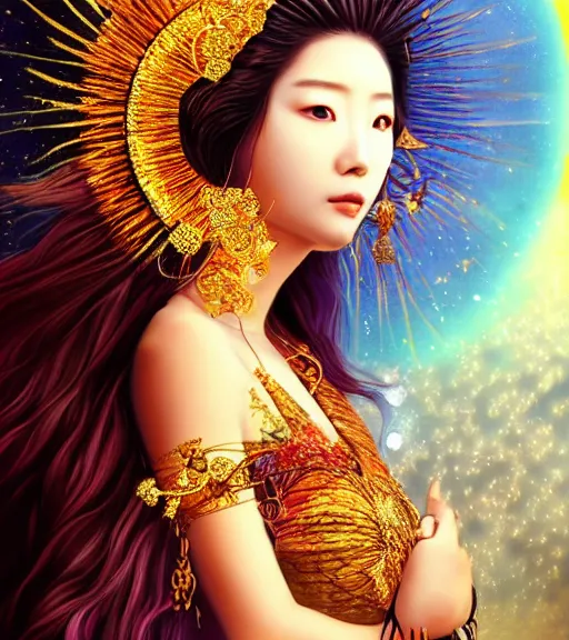 Image similar to hyper realistic portrait photo of beautiful ameterasu the sun goddess of japan, japanese model, portrait shot, intricate detail, glittering sun rays