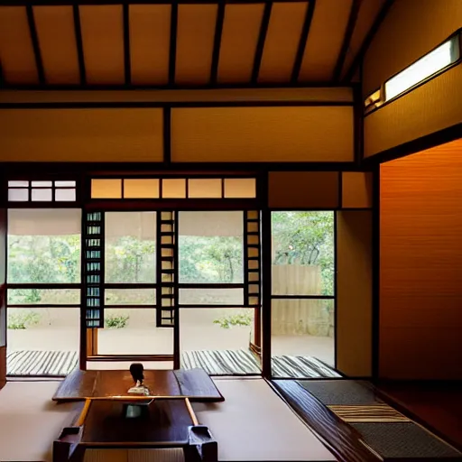 Prompt: inside a cozy dark wooden Japanese house with a indoor koi pond, bonsai trees, stream flowing through the house,fireflies, wild flowers, raining, bamboo forest, night time