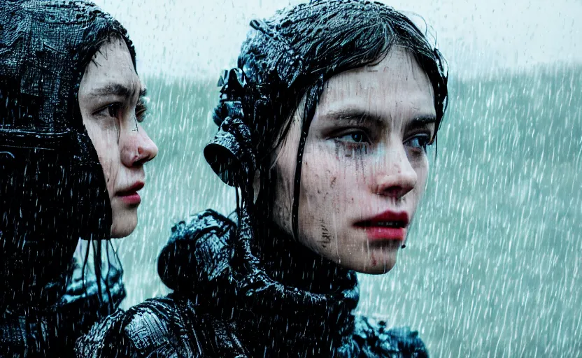 Image similar to cinestill 5 0 d candid photographic portrait by christopher nolan of two loving female androids wearing rugged black mesh techwear in treacherous waters, extreme closeup, modern cyberpunk moody emotional cinematic, pouring rain full moon, 8 k, hd, high resolution, 3 5 mm, f / 3 2, ultra realistic faces, ex machina