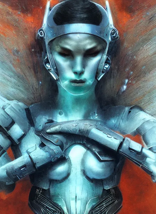 Prompt: ( ( symmetry ) ) closeup portrait of a stunning armored cyborg girl ( ( ( crying in tears ) ) ), ( bird in hands ), strong cinematic light, backlit, teal orange, viscous volumetric smoke, mist, by gerald brom, by mikhail vrubel, by peter elson, muted colors, extreme detail, trending on artstation, 8 k