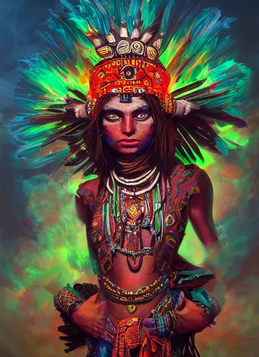 Image similar to aztec pepe goddess, vivid colors, war of colorss, dark shadows, contrast, concept art, sharp focus, digital art, Hyper-realistic, 4K, Unreal Engine, Highly Detailed, Dramatic Lighting, Beautiful, by Brom, bastien lecouffe-deharme