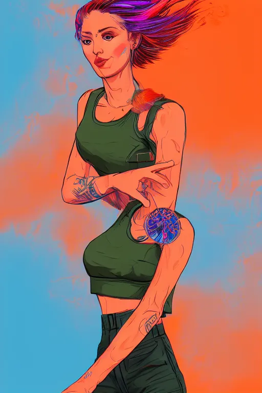 Image similar to a award winning half body portrait of a beautiful caucasian woman in a croptop and cargo pants with ombre orange blue teal hairstyle with head in motion and hair flying by will eisner, outrun, vaporware, digital art, trending on artstation, highly detailed, fine detail, intricate