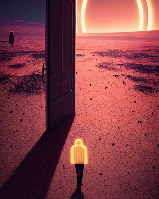 Image similar to a person standing in front of a glowy open door that's on a barren moon, poster art by mike winkelmann, trending on cg society, space art, sci - fi, ue 5, futuristic, volumetric lighting