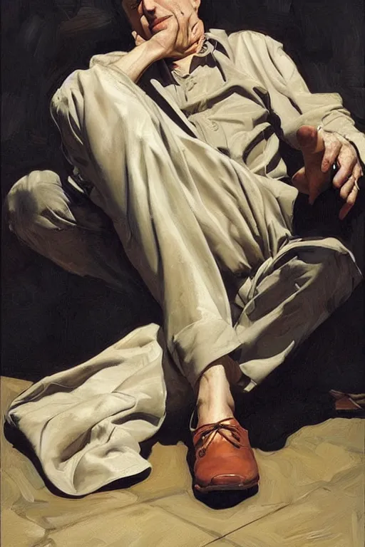 Image similar to bob odenkirk caressing feet,'bare feet '!!!! painting by jc leyendecker!! phil hale!, angular, brush strokes, painterly, vintage, crisp