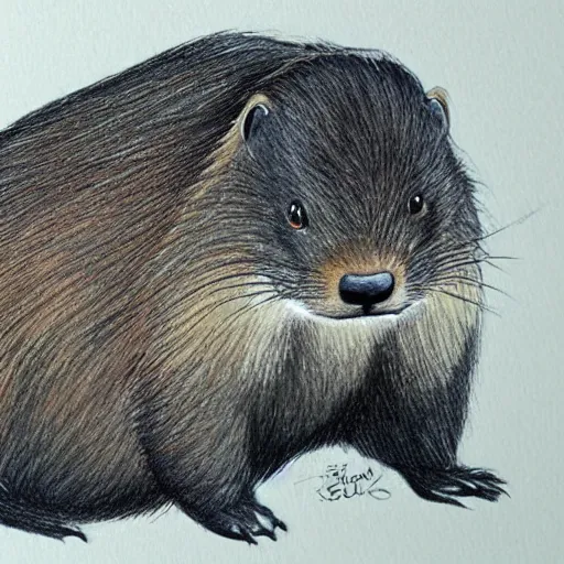 Prompt: a beaver in profile with a big tail and big front teeth, fluffy fur drawn concept art