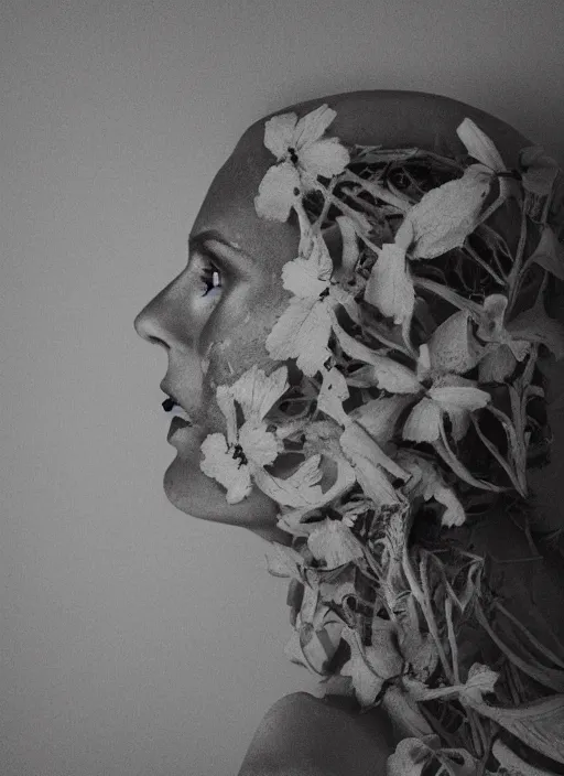 Image similar to a beautiful woman's face in profile made of flower and leaf skeleton, in the style of the dutch masters and gregory crewdson, dark and moody,