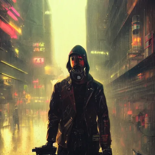 Prompt: a man holding a gun in a cyberpunk city the background is the cyberpunk city and it's raining close - up shot by greg rutkowski