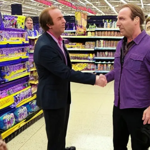 Image similar to saul goodman shaking hands with thanos at a walmart