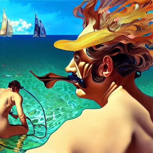 Image similar to salvador dali snorkeling in cap de ras, highly detailed, digital painting, artstation, sharp focus, illustration, art by tan zi and alphonse mucha