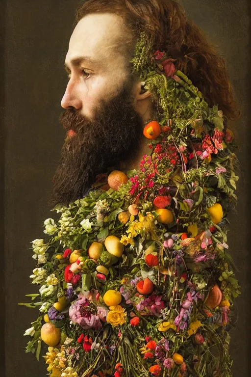 Prompt: a man's face in profile, long beard, made of flowers and fruit and nesting birds, in the style of the Dutch masters and Gregory crewdson, dark and moody