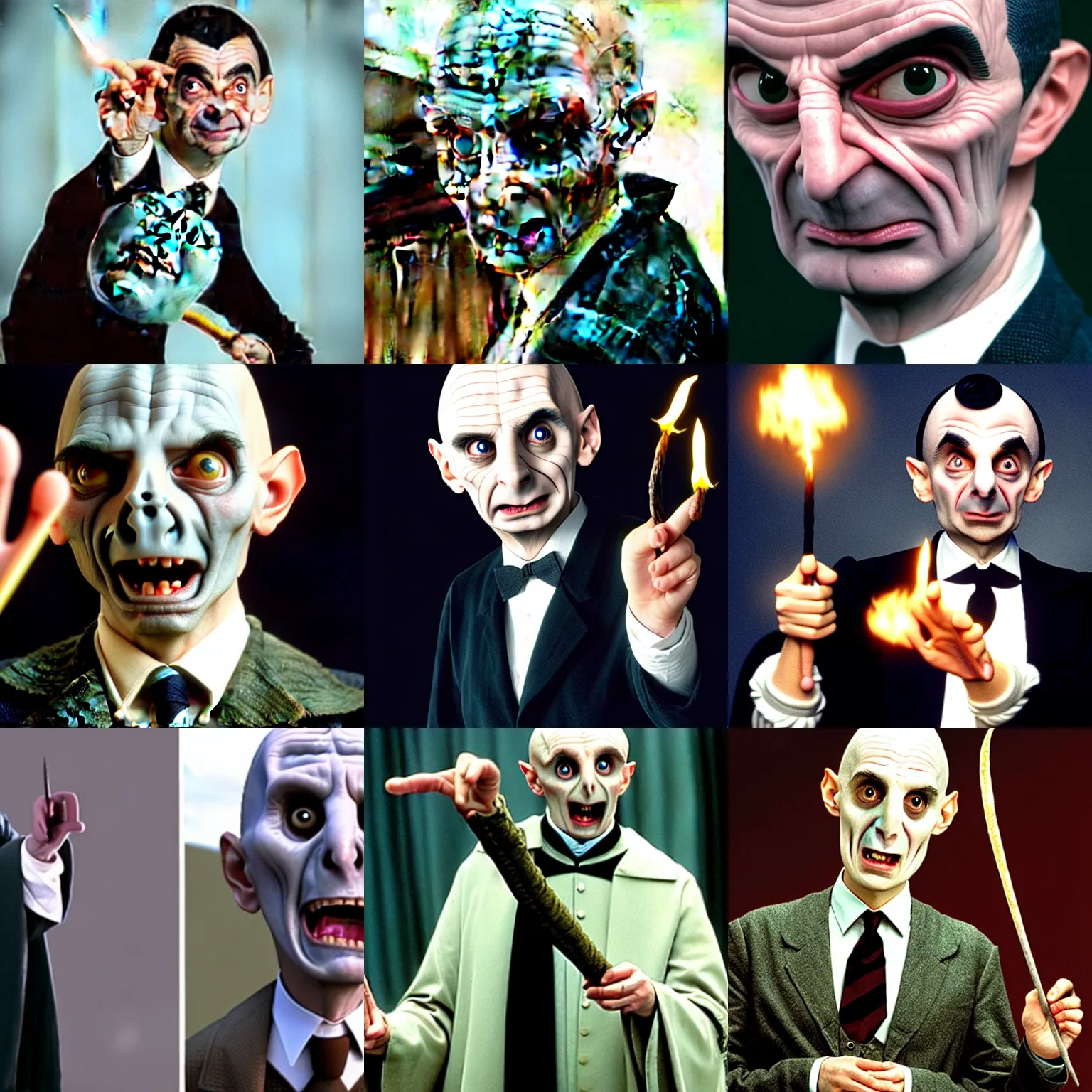 Prompt: mr bean as voldemort, casting a spell