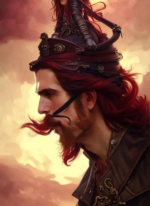 Image similar to male airship pirate, D&D, handsome, side profile, fantasy, intricate, long hair, leather coat, airship, steampunk, red hair, elegant, highly detailed, digital painting, artstation, concept art, smooth, sharp focus, illustration, art by artgerm and greg rutkowski and alphonse mucha