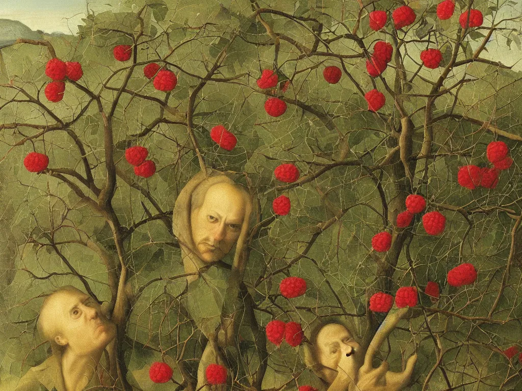 Image similar to perfect young man hiding between wild thorns and raspberries. Shadows loom over the land. Painting by Bosch, Bekinski.
