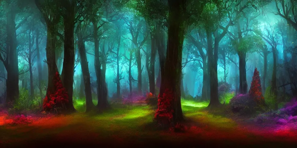 Prompt: beautiful matte painting of a colorful fantasy dark forest at night