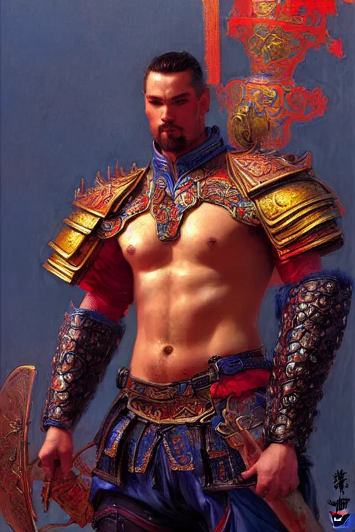 Prompt: attractive beefy male with armor, ming dynasty, character design, colorful, neon lights, painting by gaston bussiere, craig mullins, j. c. leyendecker, tom of finland