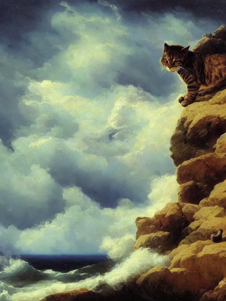 Image similar to big cat in the stormy ocean, the cat is bigger than the waves, rocks, near the shore, aivazovsky style, oil painting, high quality, realism