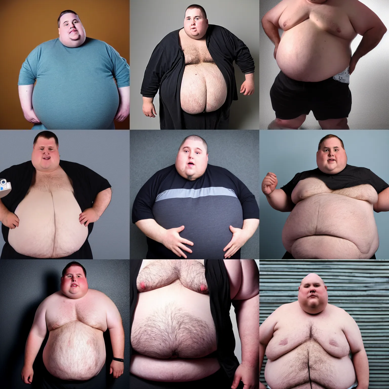 Prompt: obese man holds exposed big belly for camera, looks at the camera