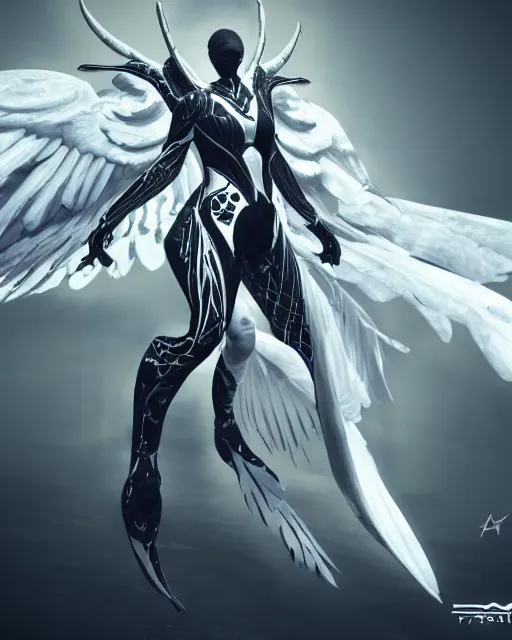 Image similar to tall, fighter wearing white dove wings, warframe armor, regal, attractive, ornate, sultry, scifi platform, 4 k, ultra realistic, epic lighting, illuminated, cinematic, black gold, art by akihito tsukushi, voidstar