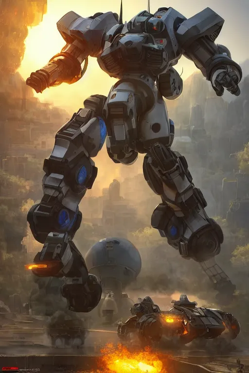 Image similar to mechwarrior 5 : mercenaries mech megaman transformer robot boss tank engine game octane render, 4 k, hd 2 0 2 2 3 d cgi rtx hdr style chrome reflexion glow fanart, global illumination ray tracing hdr fanart arstation by ian pesty by jesper ejsing pixar and disney unreal zbrush central hardmesh