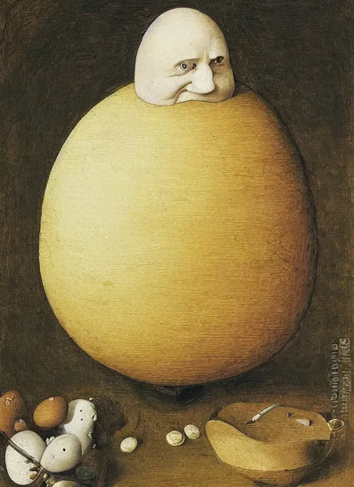 Image similar to an egg, round humpty dumpty with a jack black facial expression, realistic, by hieronymus bosch and pieter brueghel