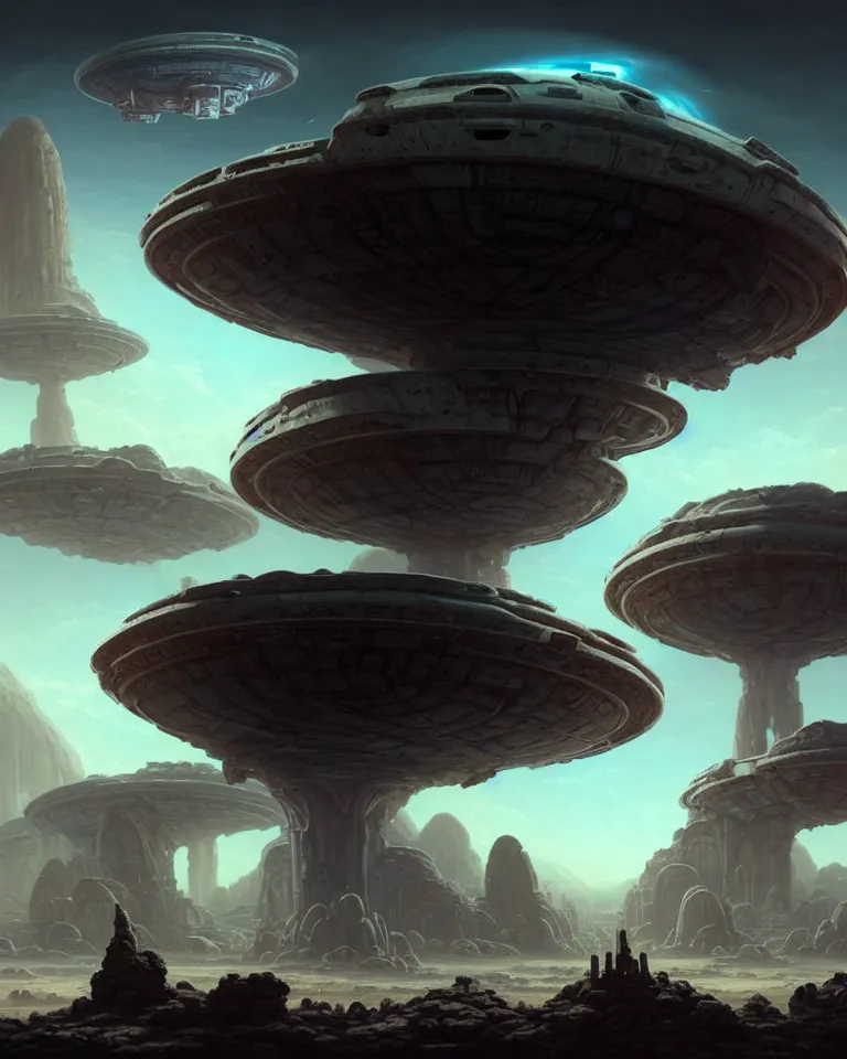 Image similar to large alien spacecraft hovering in the sky an a wasteland alien exoplanet and ancient ruins in background and alien planet with craters and large stone structures by bruce brenneise and peter mohrbacher, hyperrealistic very detailed landscape concept art, 3 d render, neosurrealism. digital concept art, pixel art, rendered in octane, trending on cgsociety, trending on artstation