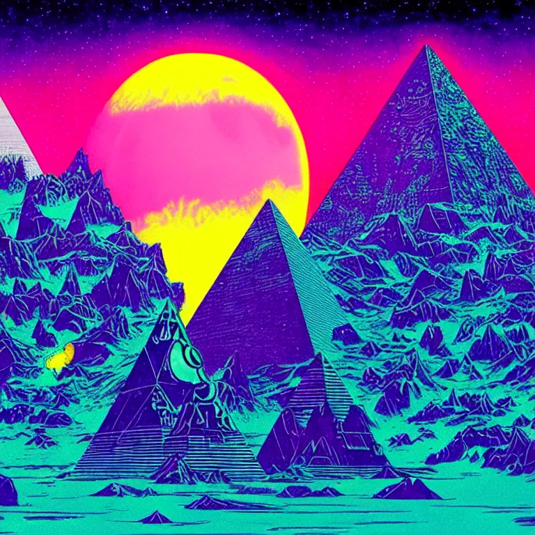 Prompt: mysterious ufo hovers over mythical crystal pyramid, fractal waves, pink ringed moon, bright neon colors, highly detailed, cinematic, eyvind earle, tim white, philippe druillet, roger dean, ernst haeckel, lisa frank, aubrey beardsley