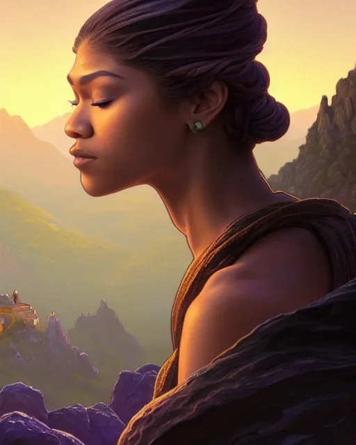 Image similar to zendaya with closed eyes meditating on a mountain cliff by night, lit village in the distance, stars milky way sky, deep focus, D&D, fantasy, intricate, elegant, highly detailed, digital painting, artstation, concept art, matte, sharp focus, illustration, hearthstone, art by Artgerm and Greg Rutkowski and Alphonse Mucha