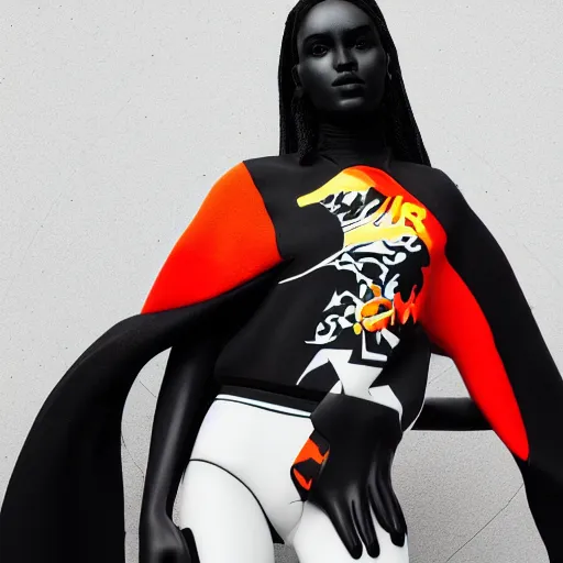 Image similar to black marble statue of a beautiful woman with colorful motocross logos in the style of virgil abloh, very very beautiful, detailed, off white, heron preston, 8 k, 4 k, detailed, beautiful, symmetrical, vogue, editorial, fashion, magazine, model